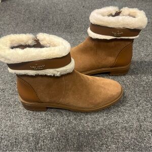 Kate Spade Bailee Winter Ankle Boots Suede Faux Fur Trim Warm Gingerbread Size 9